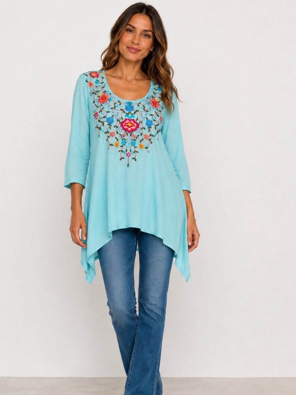 Johnny Was JWLA Embroidered Floral Sharkbite Tunic Top Aqua Size S